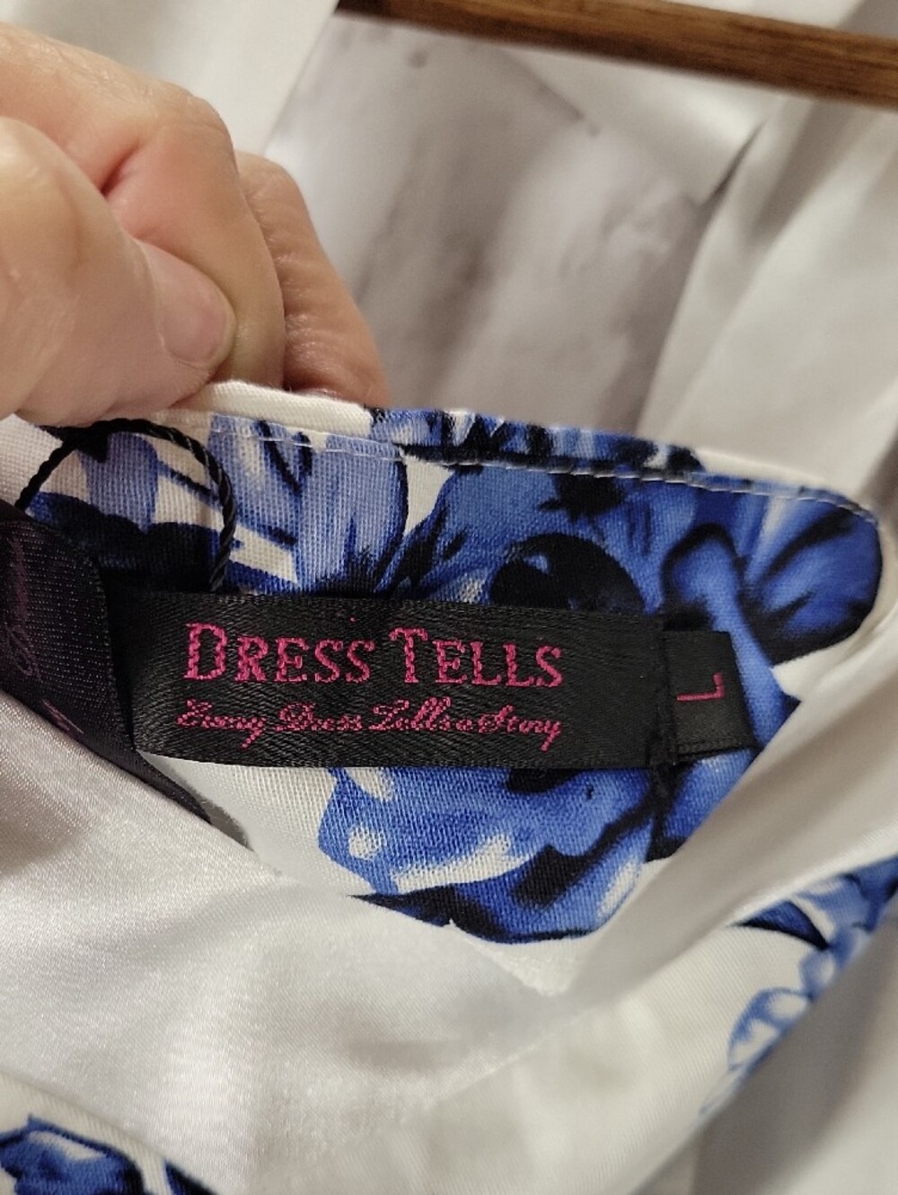White Midi Dress with Blue Floral Print and Sweetheart Bodice - Picture 2 of 7